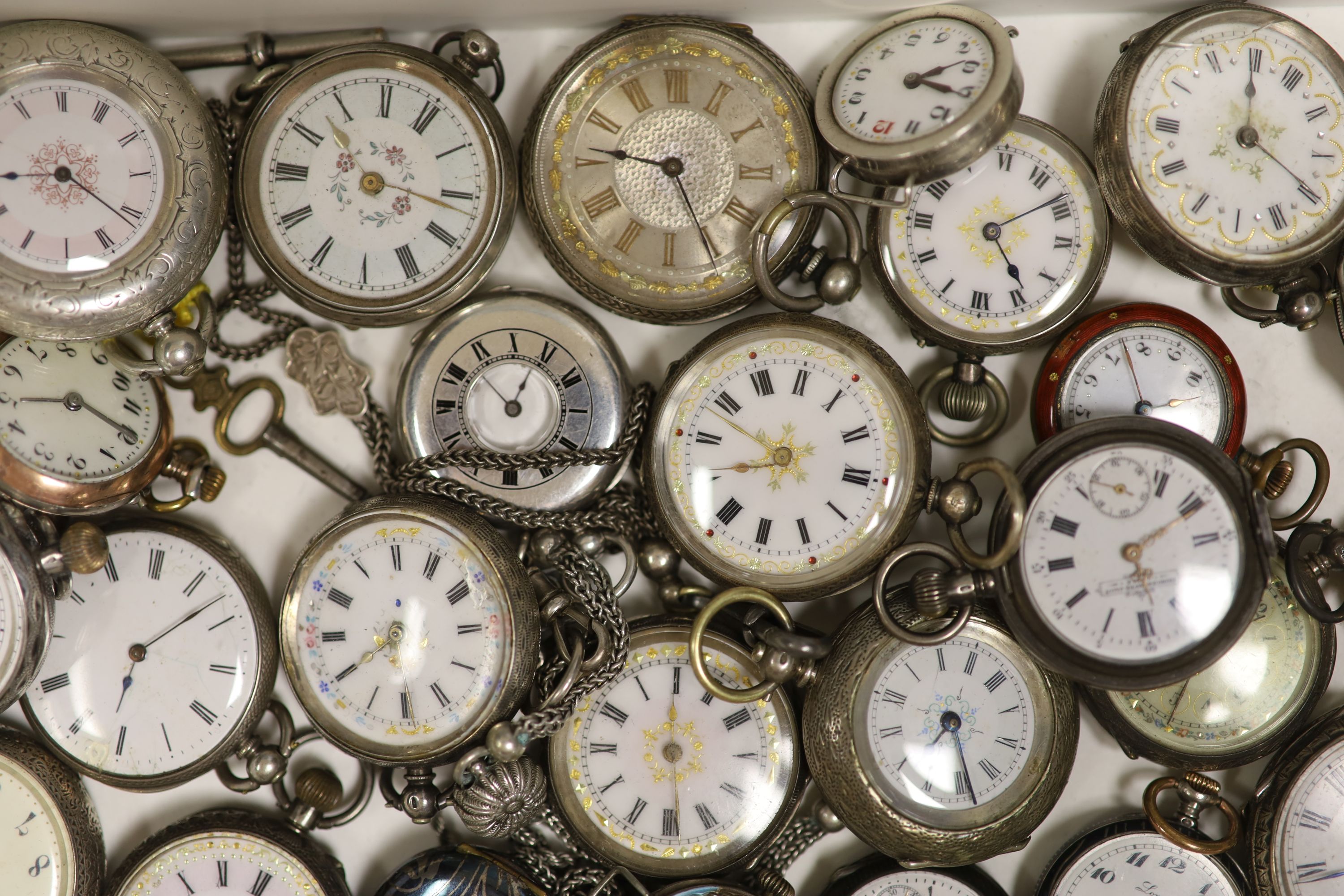 A collection of lady's assorted mainly continental white metal fob and pocket watches, including enamel and three wrist watches.